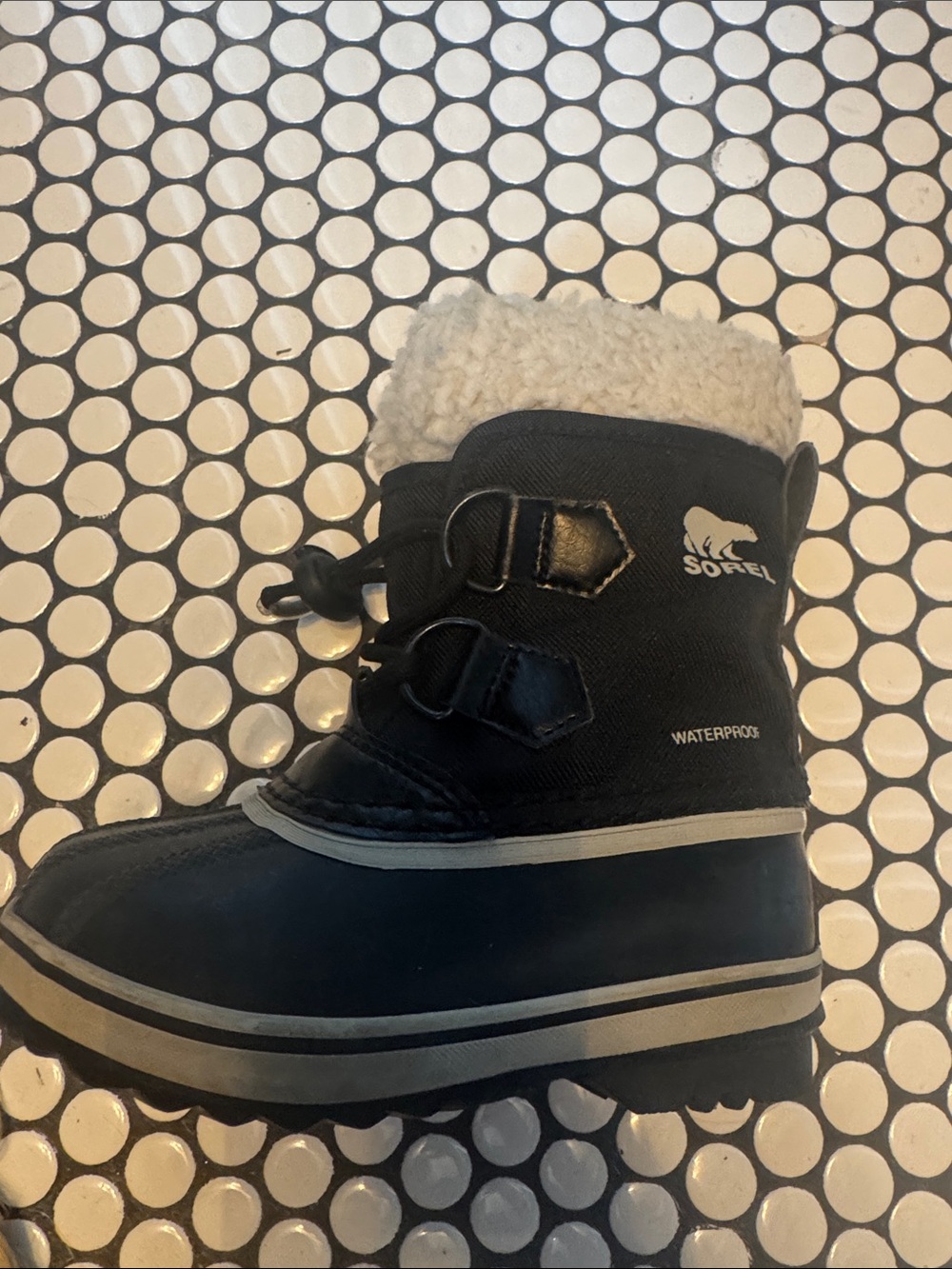 Sorel Kids Black Waterproof Winter Boot with Cream Faux Shearling Cuff